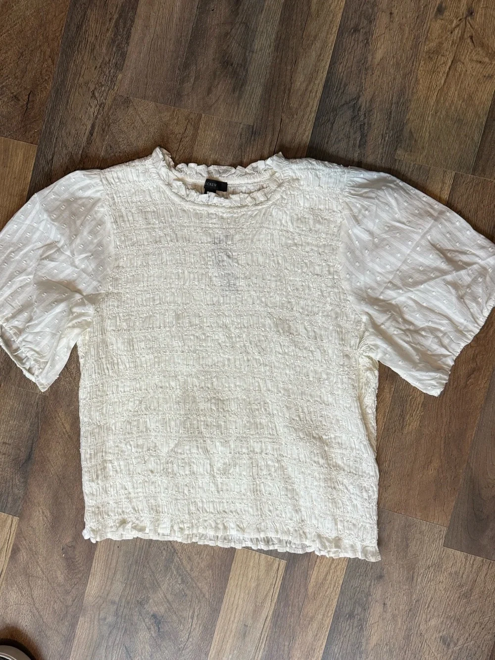 J. Crew White Smocked Puff-Sleeve Ruffle-Trim Blouse size XL